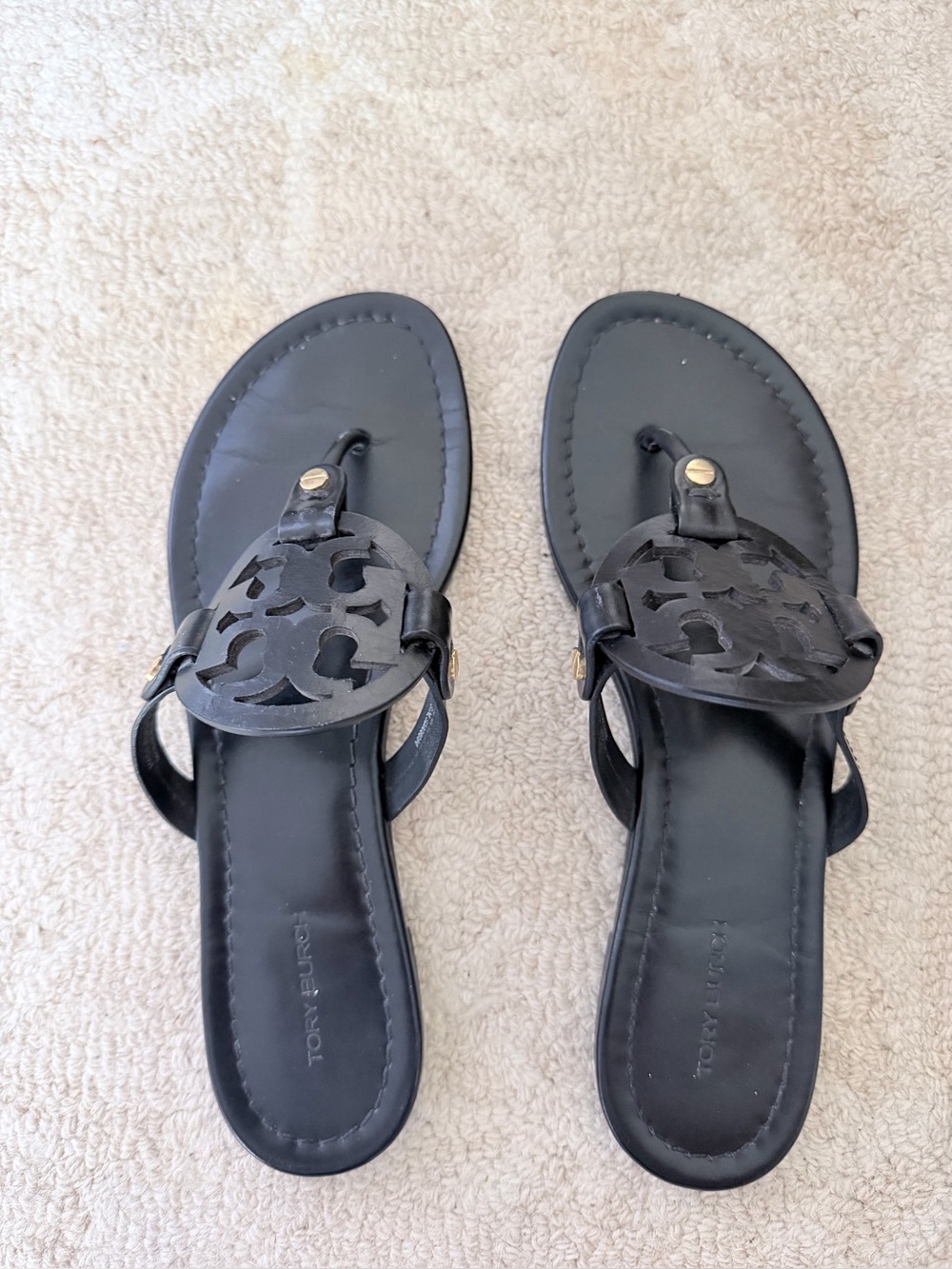 Tory Burch Black Miller Logo Leather Thong Sandals-8.5